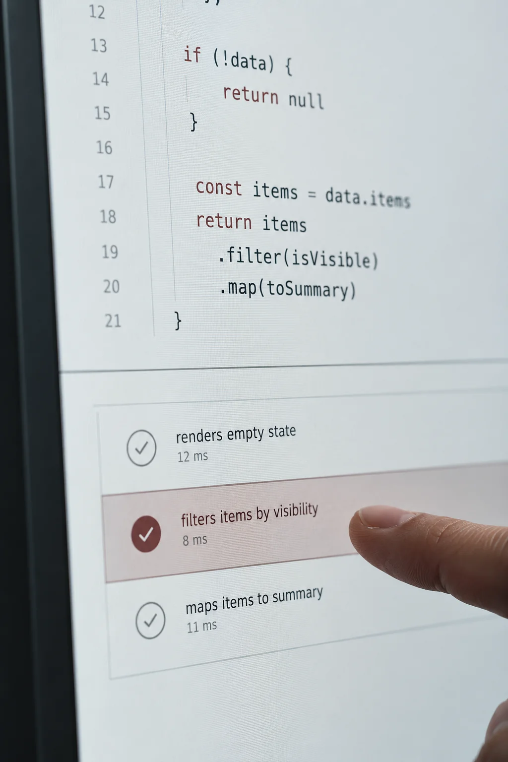 Illustrative Nahaufnahme: Eine Softwarefunktion und ihre Prüfergebnisse.