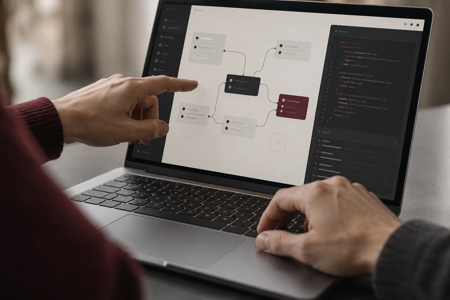 Illustrative Szene: Zwei Personen besprechen einen Softwareablauf am Laptop.